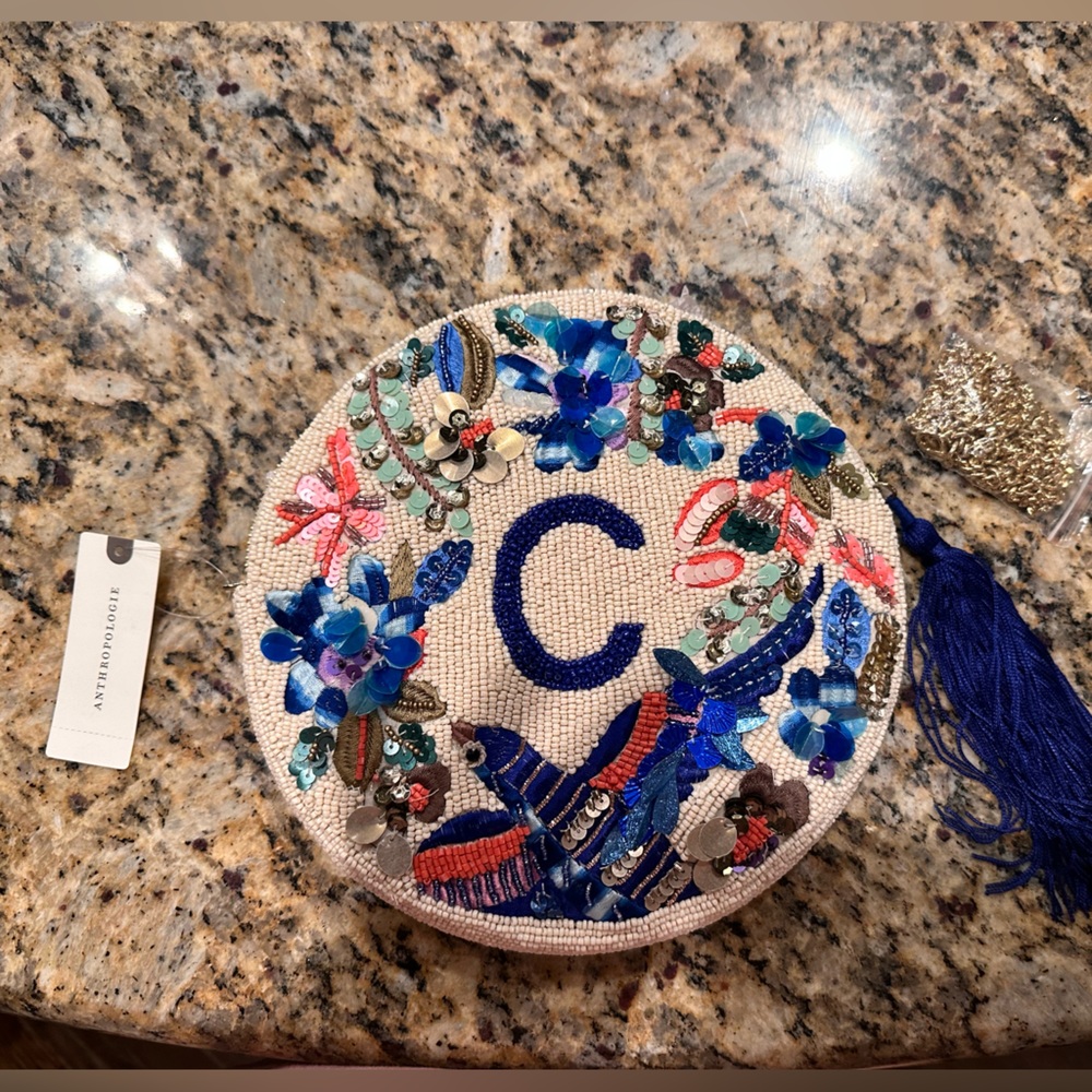 Anthropologie Holiday Monogram Embellished Pouch, beaded, initial letter “C”